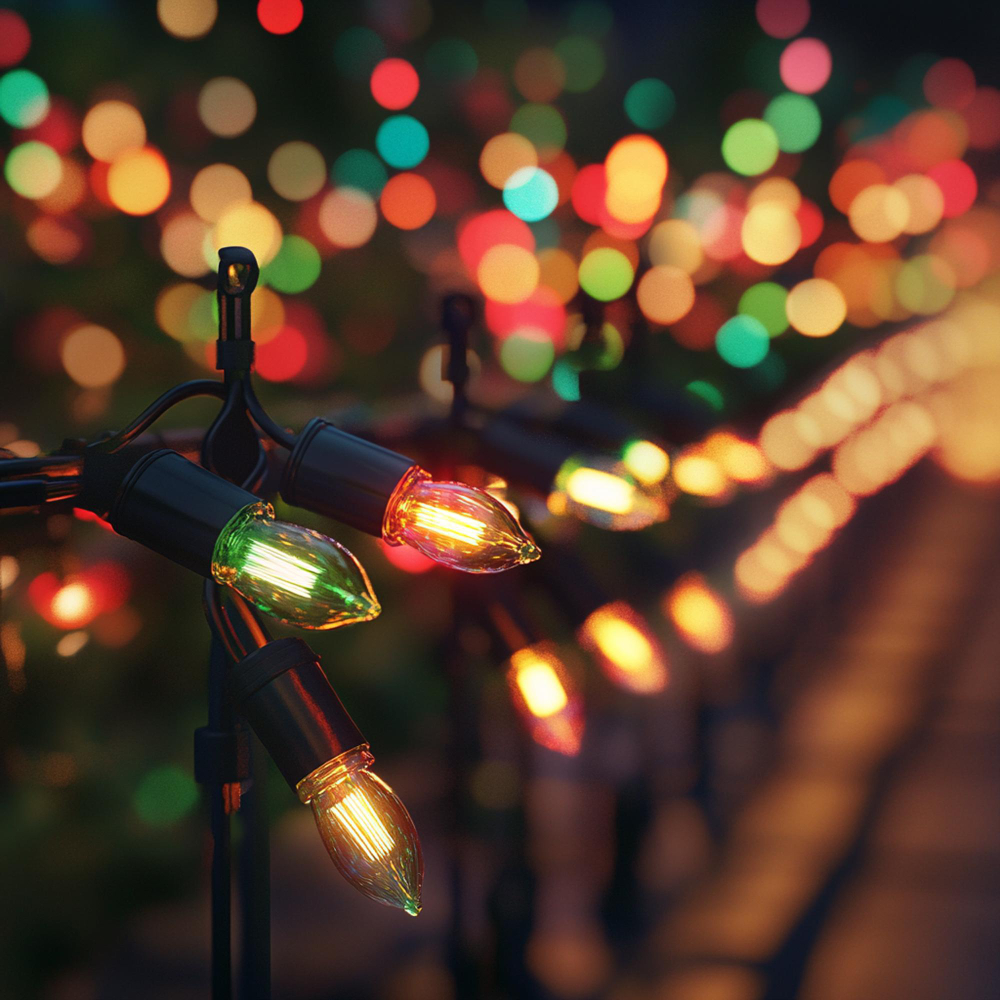 Colorful holiday string lights glowing at night with a soft bokeh background, creating a festive atmosphere.