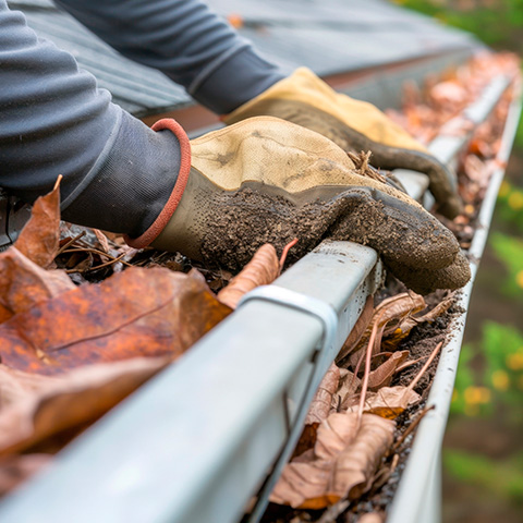 Gloved hands removing fall leaves from a gutter, with an icon representing E3’s gutter cleaning service.