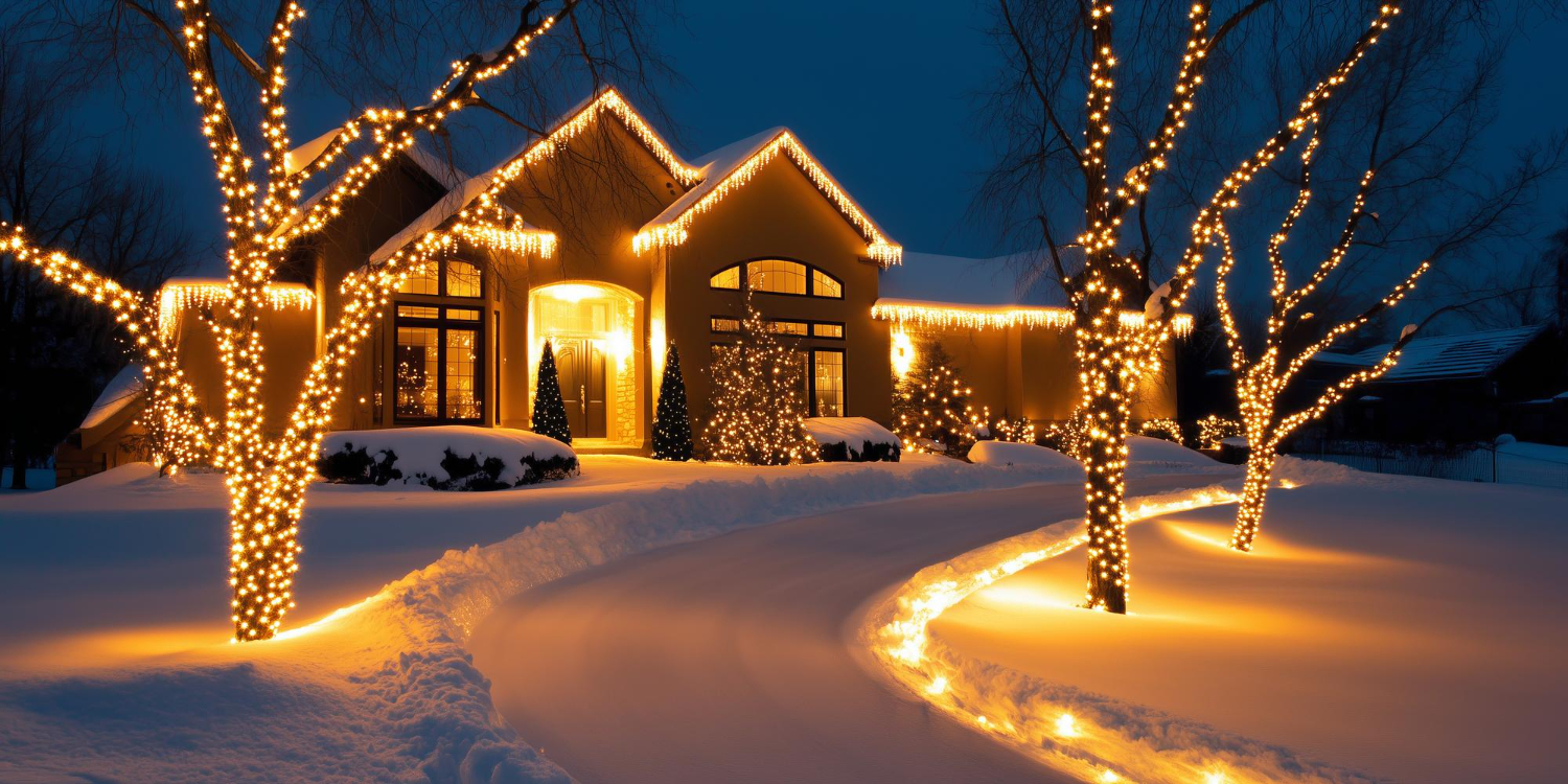 Christmas lights on rooflines and gutters